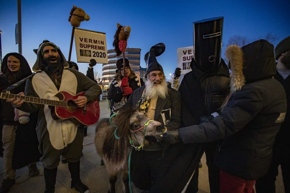 Vermin Supreme and his pony made an appearance outside the Southern New Hampshire University Arena during the McIntyre-Shaheen dinner. (Jesse Costa/WBUR)
