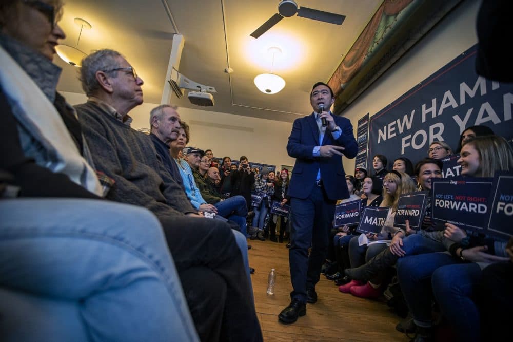 Presidential candidate Andrew Yang speaks at a campaign event at Hopkinton Town Hall. (Jesse Costa/WBUR)