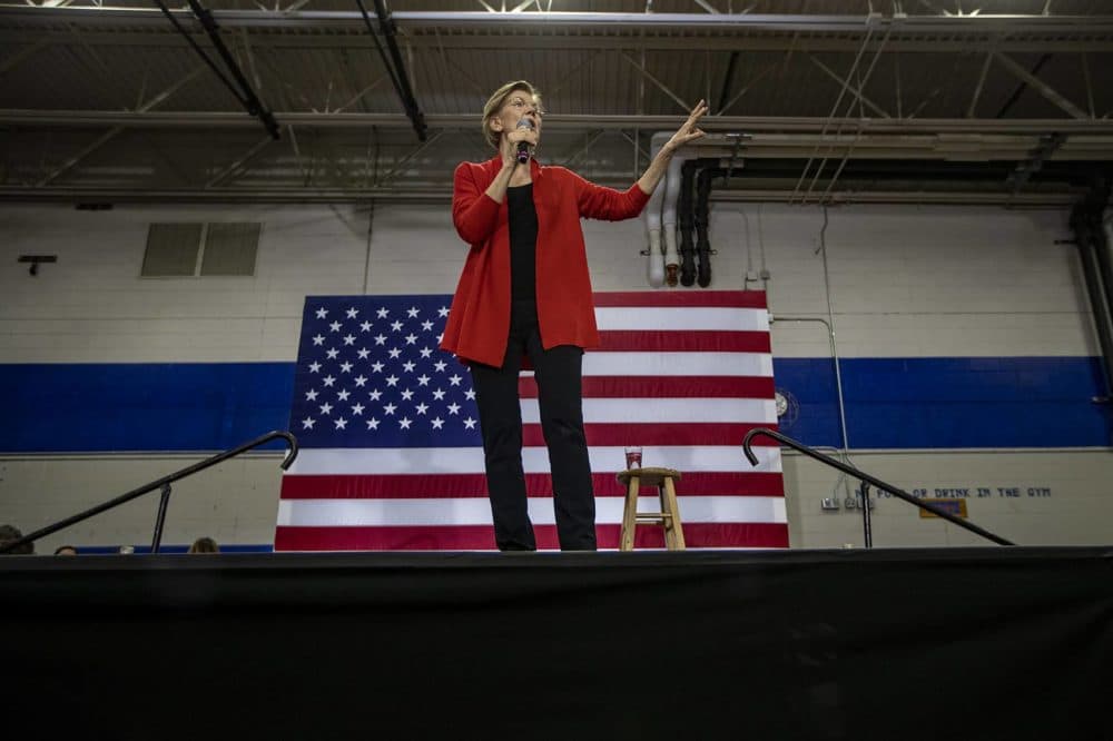 Elizabeth Warren speaks at a campaign event at Rundlett Middle School in Concord, NH. (Jesse Costa/WBUR)