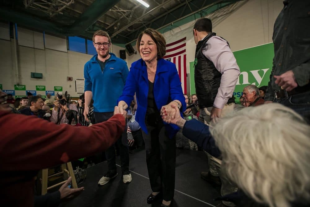 Presidential candidate Amy Klobuchar greets supporters after her campaign speech at Fair Grounds Junior High School in Nashua, NH. (Jesse Costa/WBUR)