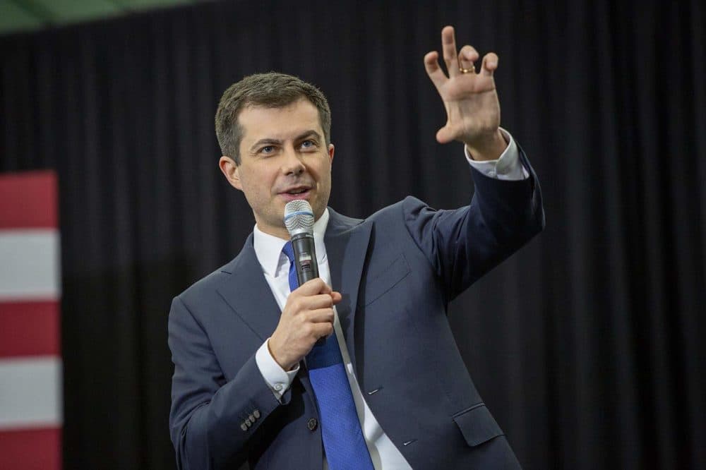 Pete Buttigieg talks to a crowd of supporters in Milford, N.H. (Robin Lubbock/WBUR)