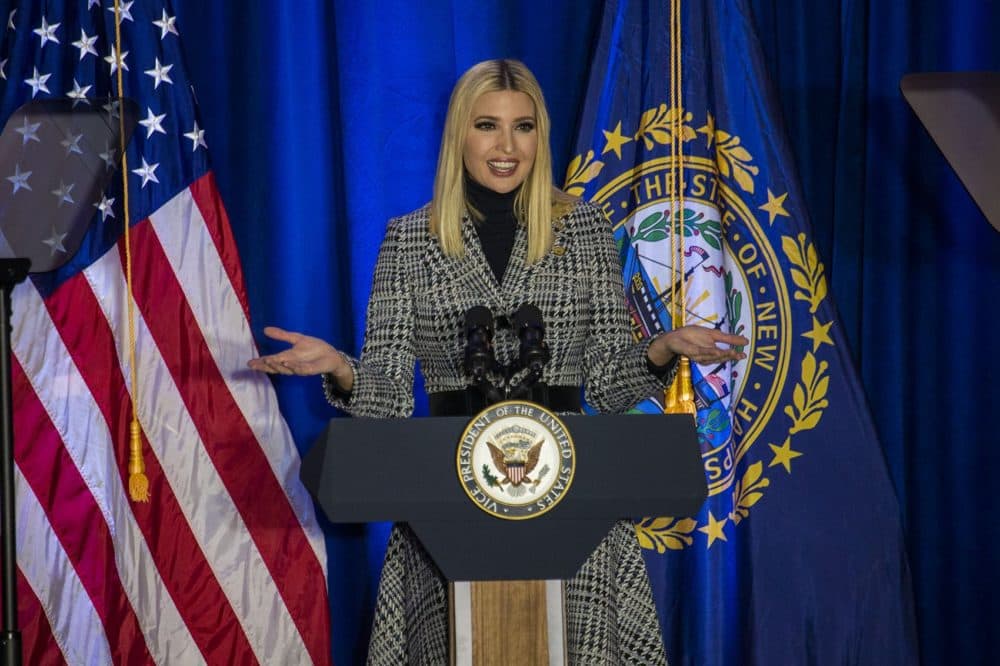 Ivanka Trump speaks during the Cops For Trump event in Portsmouth. (Jesse Costa/WBUR)