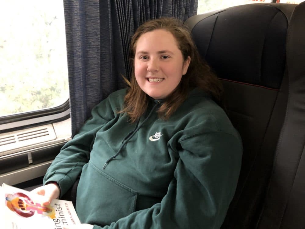 Katie Howe on board Amtrak's Lake Shore Limited train. (Alden Bourne/NEPR)