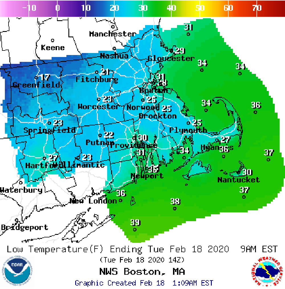 Low temperatures for Tuesday are shown. (Courtesy of National Weather Service)