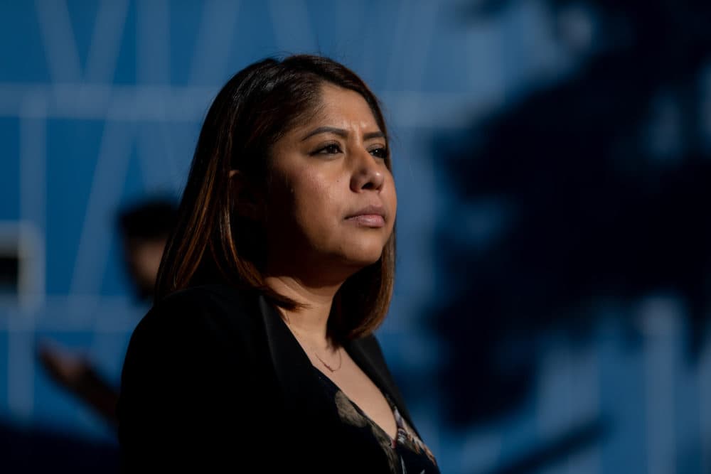 Erika Castro, DACA recepient and community organizer sits outside the East Las Vegas Library in Las Vegas, Nevada, on Feb. 19, 2020. (Krystal Ramirez for Here & Now)