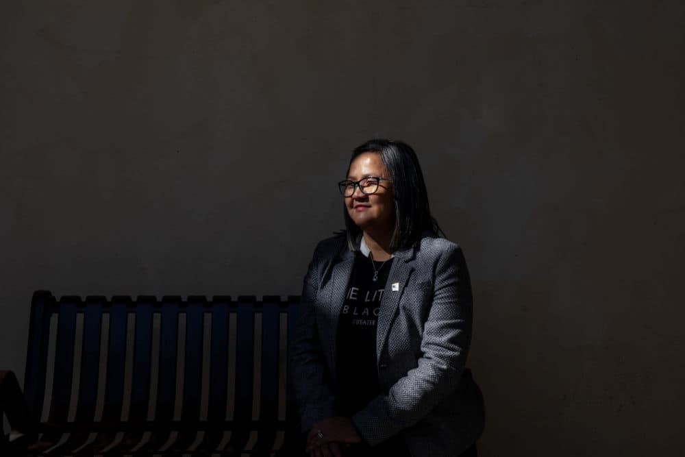 Grace Vergara-Mactal, executive director at the SEIU Nevada Local 1107 sits down for a talk with Peter O'Dowd in Las Vegas, Nevada on Feb. 20, 2020. (Krystal Ramirez for Here &amp; Now)