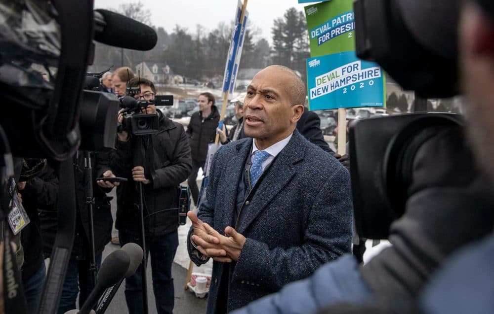 Deval Patrick talks with reporters outside a polling station in Nashua, N.H. (Robin Lubbock/WBUR)