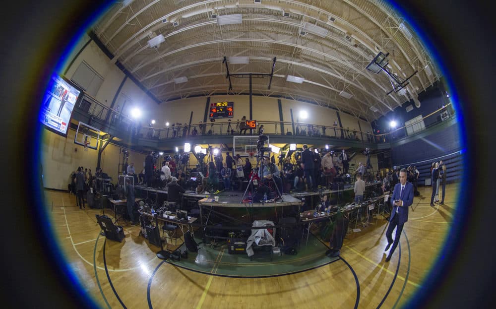 Lights, Camera, Action. National and international media prepare to cover a rally with former South Bend, Ind. Mayor Pete Buttigieg at Nashua Community College. (Joe Difazio for WBUR)