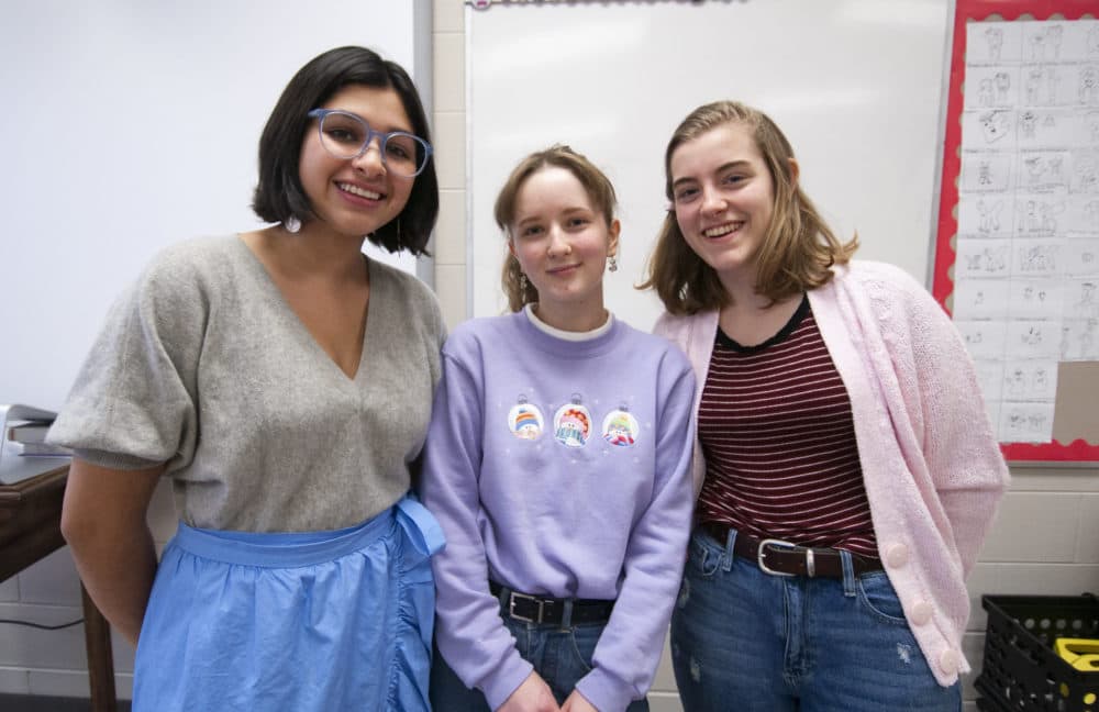 Mira Bohannan Kumar, Maria Buri and Daphne Knoop of the Iowa City High School caucus club. They'll be caucusing for the first time in 2020. (Chris Bentley/Here &amp; Now)