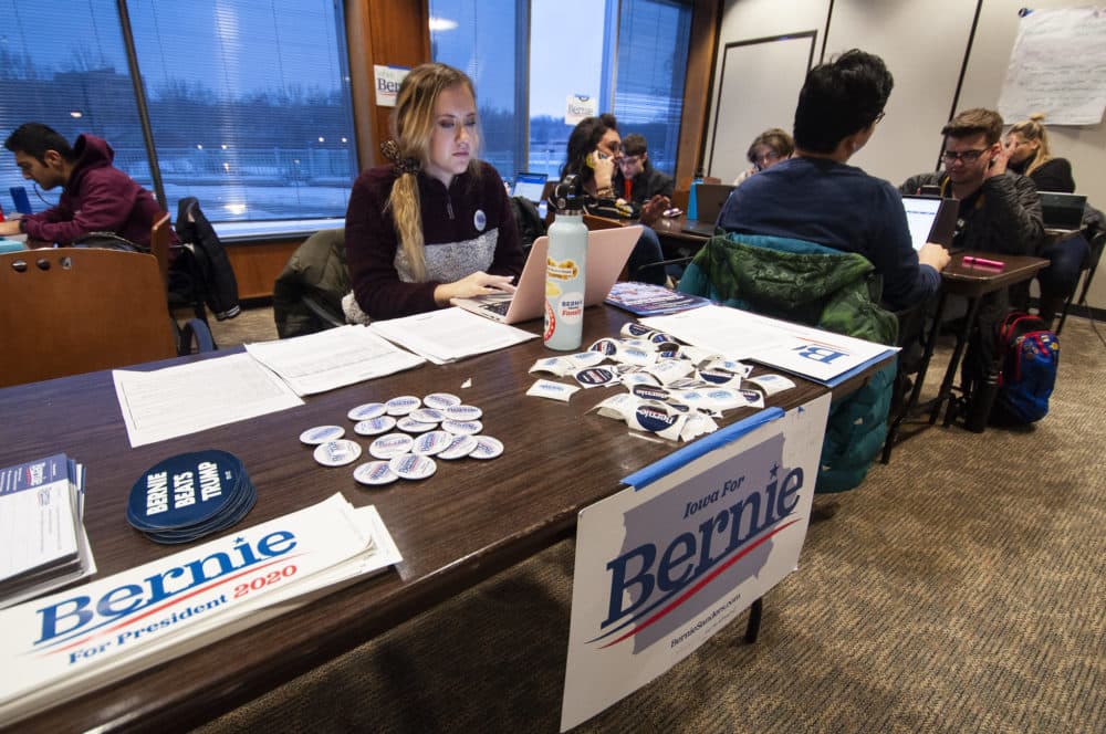 Volunteers for the 2020 presidential campaign of Vermont Senator Bernie Sanders at a phone banking event at the University of Iowa in Iowa City, six days before the Iowa caucuses. (Chris Bentley/Here &amp; Now)