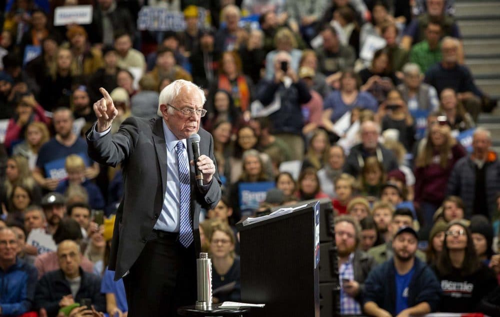 Bernie Sanders addresses the crowd at Keene State College. (Robin Lubbock/WBUR)
