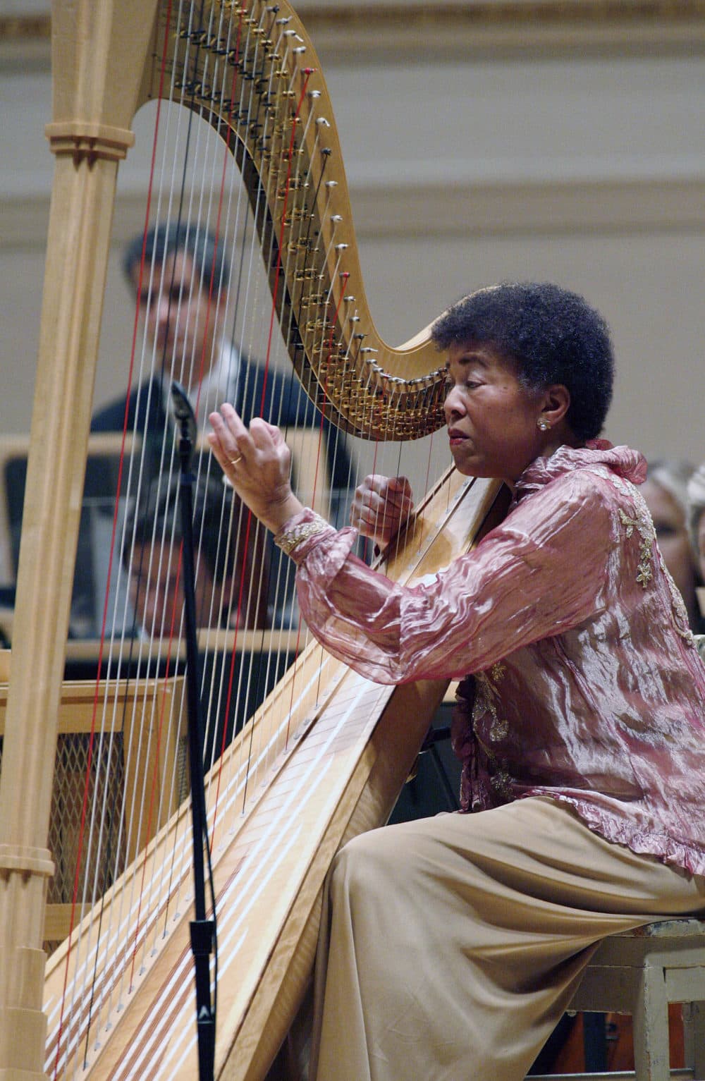 Ann Hobson Pilot performs on the harp, accompanied by the Boston Symphony Orchestra during the opening night gala of Carnegie Hall's 119th season in New York, Thursday, Oct., 1, 2009. (AP Photo/Stuart Ramson)