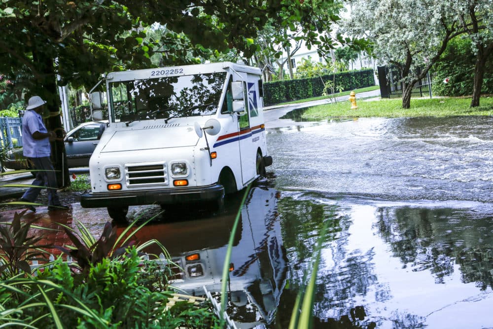In this June 19, 2019 file photo, a postal worker returns to their truck parked on a flooded street in Miami caused by high tides. Flooding due to climate change-related sea level rising pose substantial economic risks to Florida. (/Ellis Rua/AP)