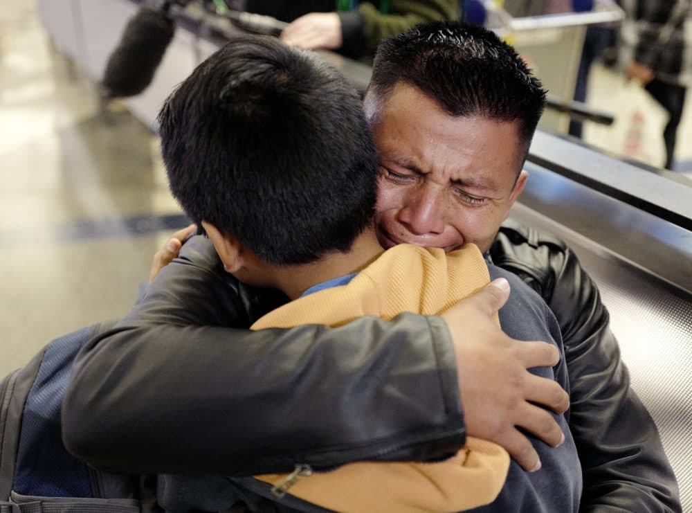 David Xol-Cholom, of Guatemala hugs his son Byron at Los Angeles International Airport as they reunite after being separated about one and half years ago during the Trump administration's wide-scale separation of immigrant families, Wednesday, Jan. 22, 2020, in Los Angeles. (Ringo H.W. Chiu/AP)