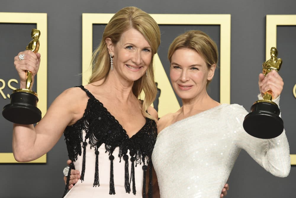 Laura Dern, winner of the award for best performance by an actress in a supporting role for &quot;Marriage Story&quot;, left, and Renee Zellweger, winner of the award for best performance by an actress in a leading role for &quot;Judy&quot;. (Jordan Strauss/Invision/AP)