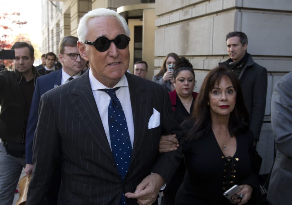 In this Nov. 15, 2019, file photo, Roger Stone, left, with his wife Nydia Stone, leaves federal court in Washington, Friday, Nov. 15, 2019. (Jose Luis Magana/AP)