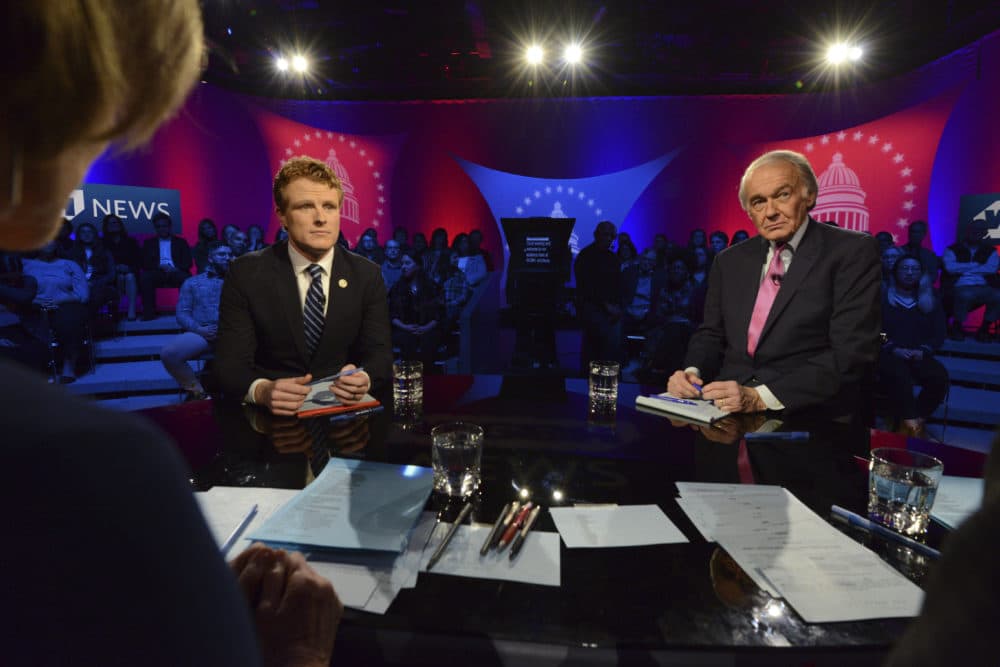 U.S. Rep. Joe Kennedy III, D-Mass, left, and Sen. Ed Markey, right, square off in the first senate primary debate hosted by WGBH News on Tuesday at the WGBH Studios in Boston. (Meredith Nierman/WGBH via AP, Pool)