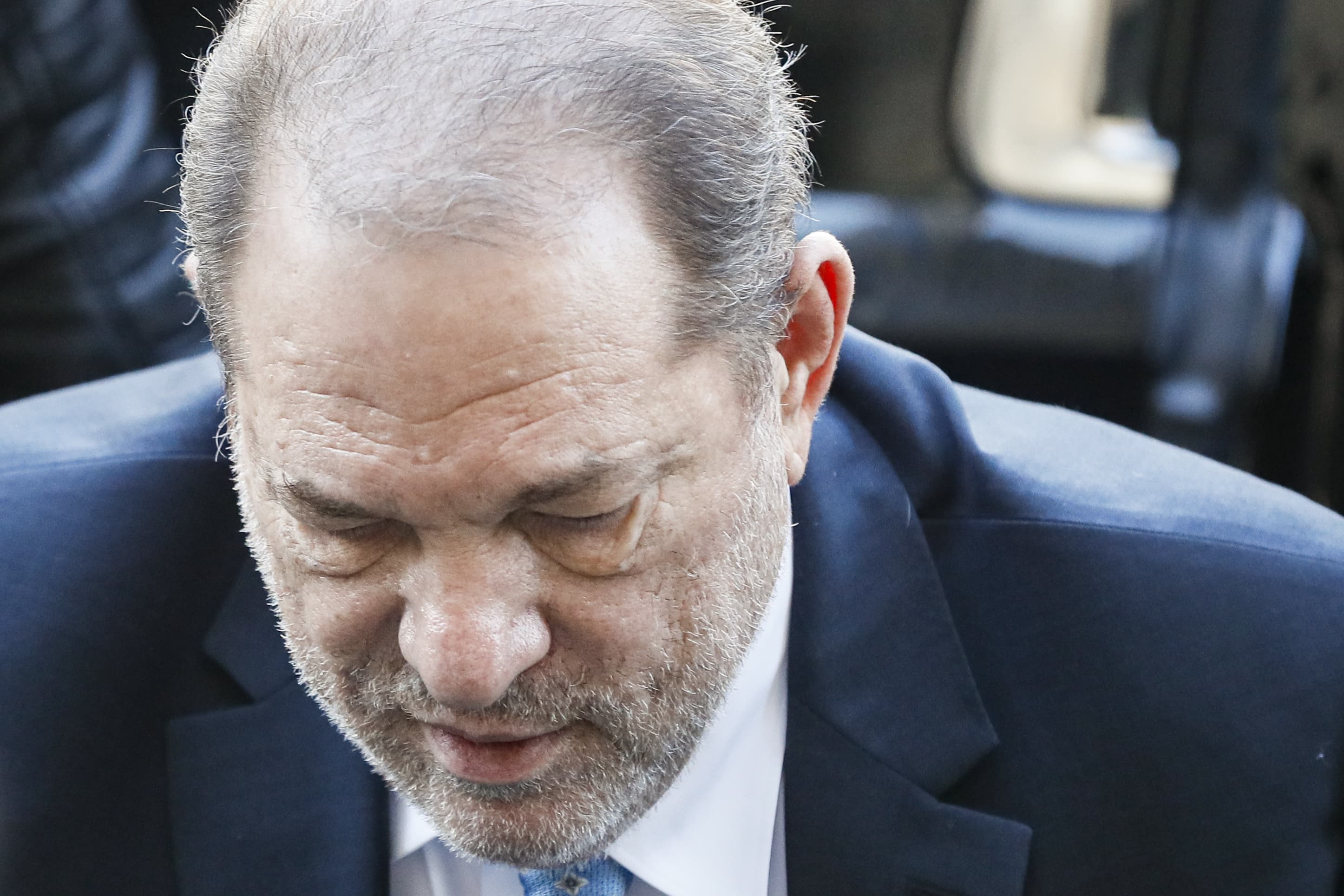 Harvey Weinstein arrives at a Manhattan courthouse for his rape trial, Monday, Feb. 24, 2020, in New York. A jury convicted the Hollywood mogul of rape and sexual assault. (John Minchillo/AP)