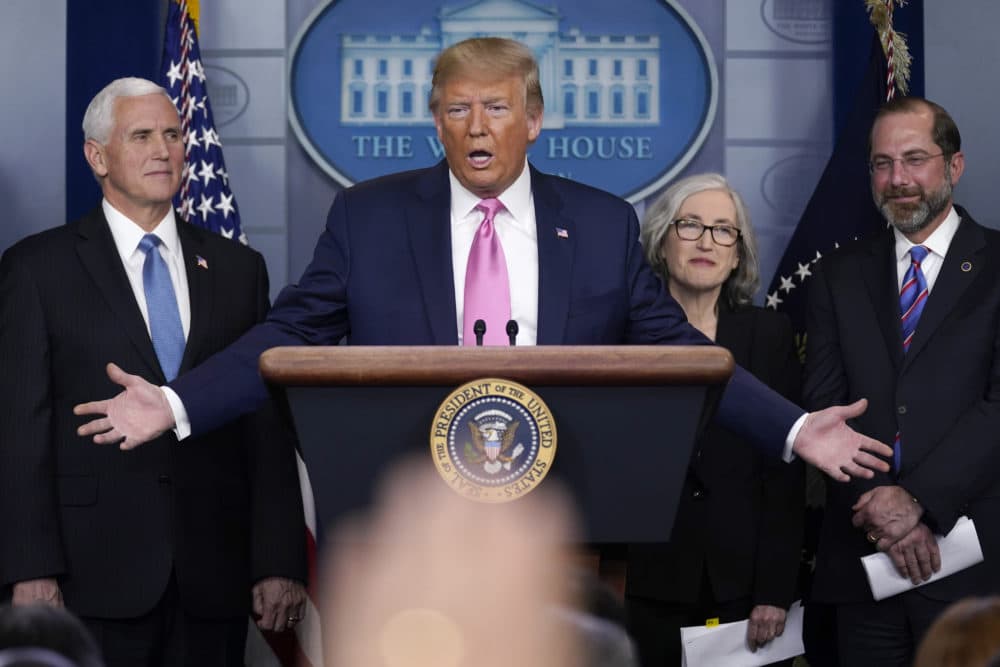 President Donald Trump, with members of the president's coronavirus task force, speaks during a news conference in the Brady Press Briefing Room of the White House, Wednesday, Feb. 26, 2020, in Washington. (Evan Vucci/AP)