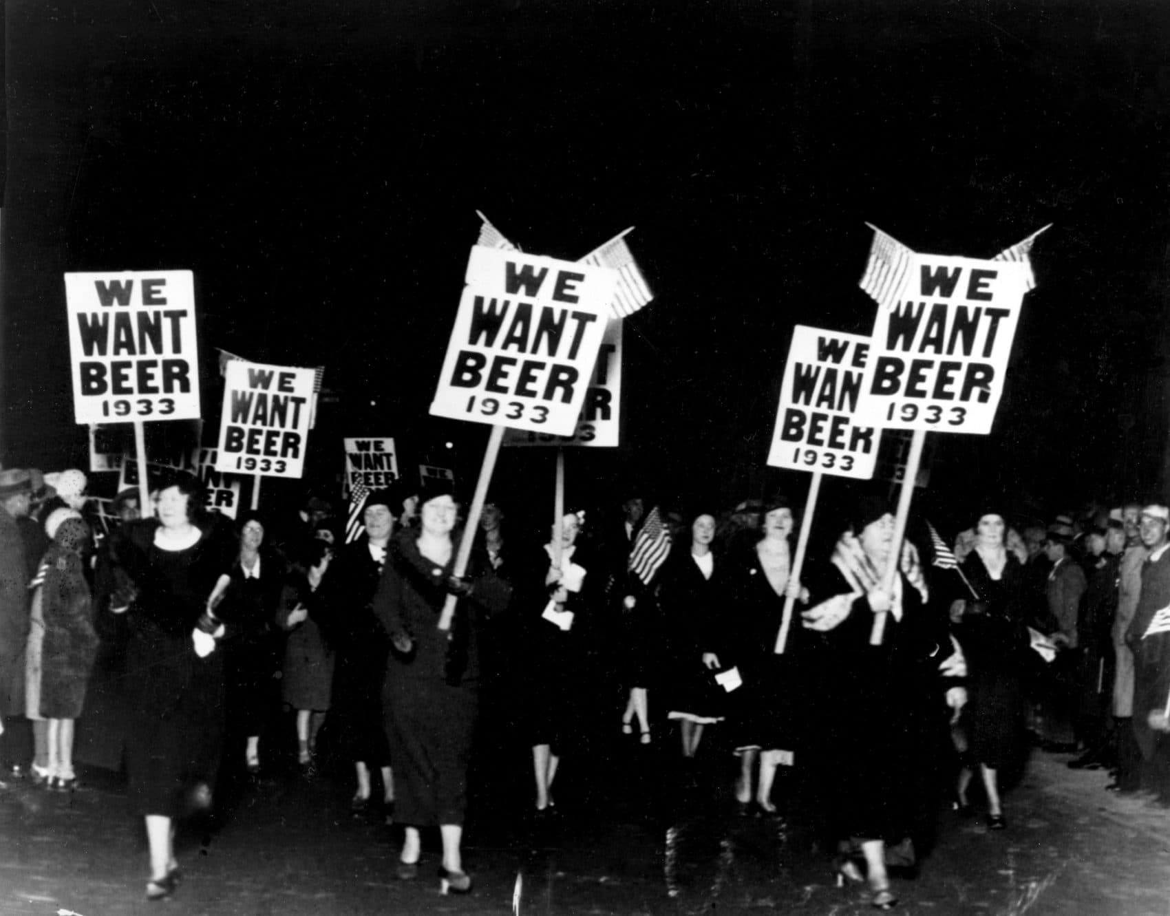 Women turn out in large numbers, some carrying placards reading "We want beer" for the anti prohibition parade and demonstration in Newark, N.J., Oct. 28, 1932. More than 20,000 people took part in the mass demand for the repeal of the 18th Amendment. (AP Photo)