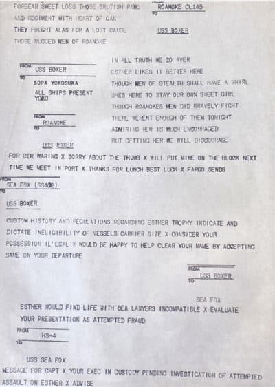 Communication sent by the USS Boxer after capturing the Esther Williams Trophy. (Courtesy William Fury)