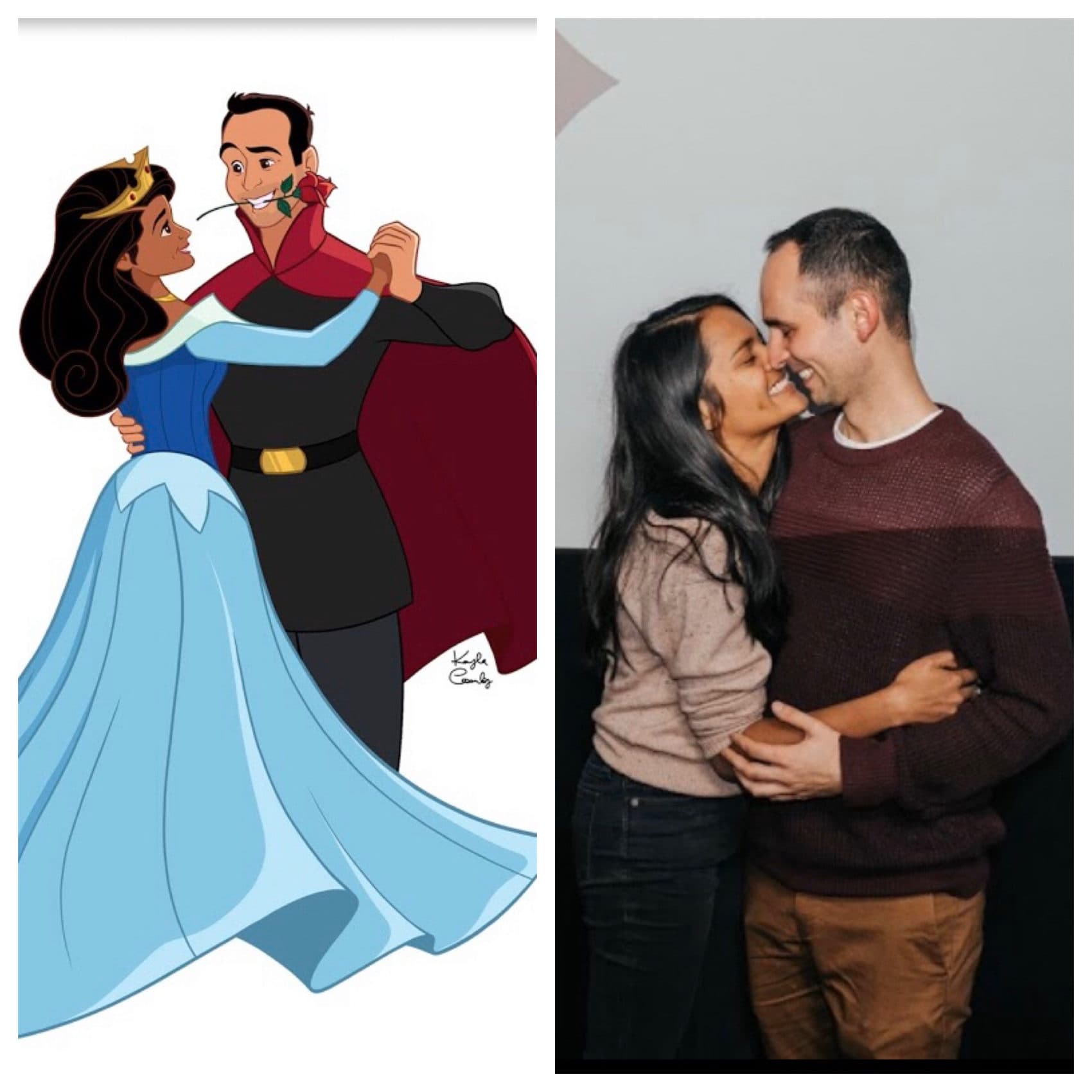 (Left) Sthuthi David and Lee Loechler as illustrated by Kayla Coombs. (Right) Sthuthi and Lee at the Coolidge Corner Theatre in Brookline, Mass. after getting engaged during a screening of "Sleeping Beauty." (Courtesy Jaclyn and Andrew Taylor)