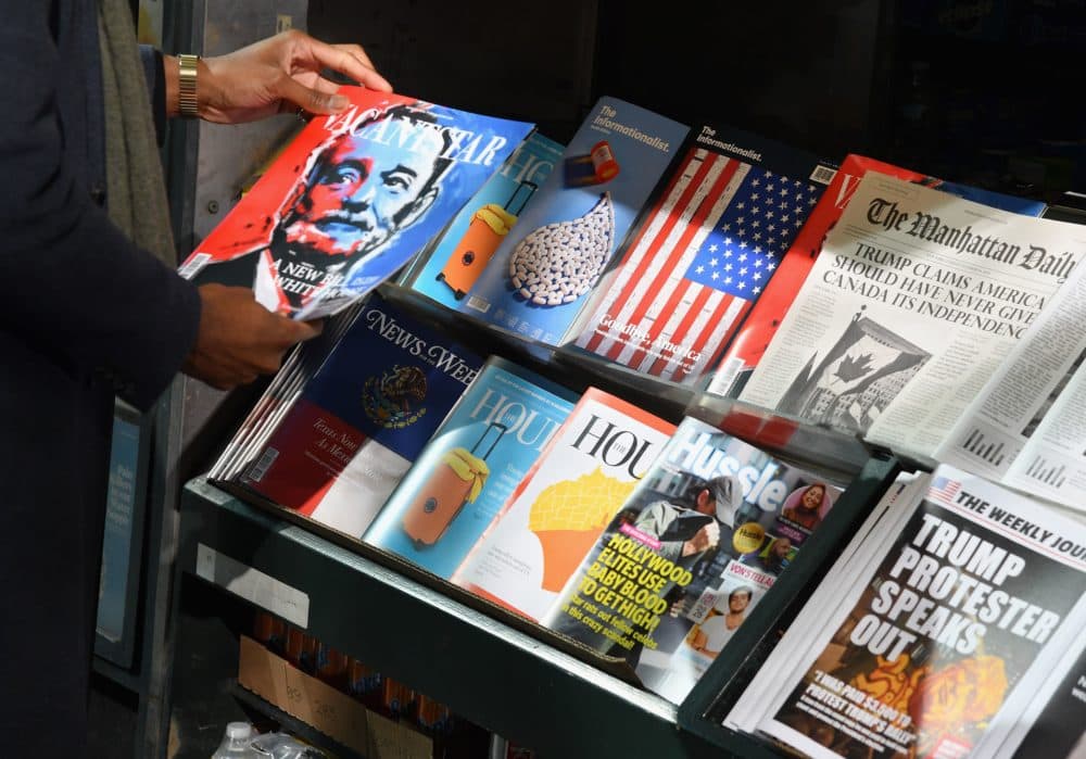 A misinformation newsstand is seen in midtown Manhattan on October 30, 2018, aiming to educate news consumers about the dangers of disinformation, or fake news, in the lead-up to the U.S. midterm elections. The first-of-its-kind newsstand was set up by the Columbia Journalism Review. (ANGELA WEISS/AFP via Getty Images)