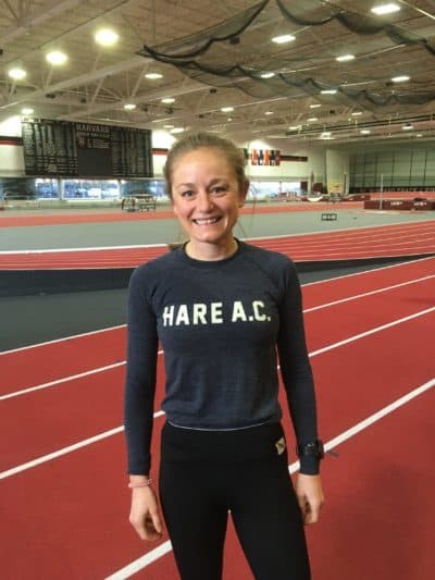 Veronica Graziano is pictured at Harvard University's Gordon Indoor Track. On Saturday in Atlanta, she'll compete in her first Olympic Marathon Trials. (Alex Ashlock/WBUR)