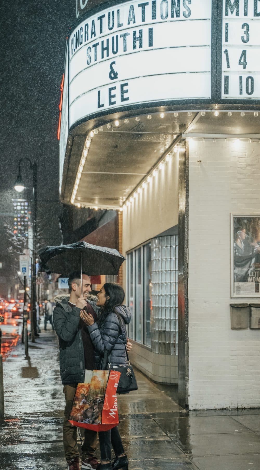 Lee Loechler and Sthuthi David in front of the Coolidge Corner Theatre just after getting engaged there on December 30, 2019. (Courtesy Jaclyn and Andrew Taylor)