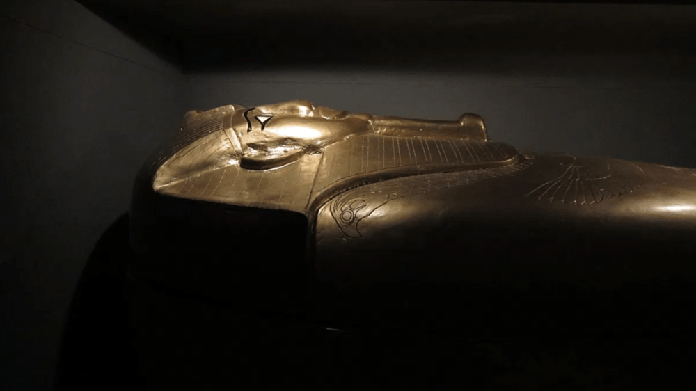 A cast from Aspelta’s original sarcophagus containing a replica of his gilded coffin. (Courtesy National Center of Afro-American Artists Museum)