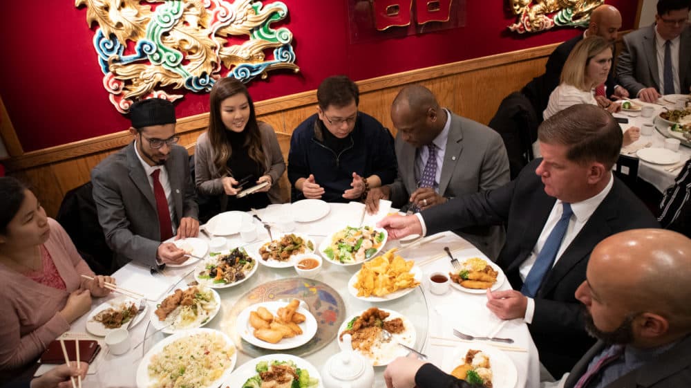 Mayor Walsh, second from right, having lunch at Jade Garden in Boston's Chinatown. (Adrian Ma/WBUR)