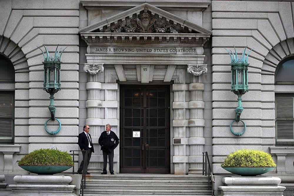 Security guards stand in front of the Ninth U.S. Circuit Court of Appeals on June 12, 2017 in San Francisco, California. (Justin Sullivan/Getty Images)