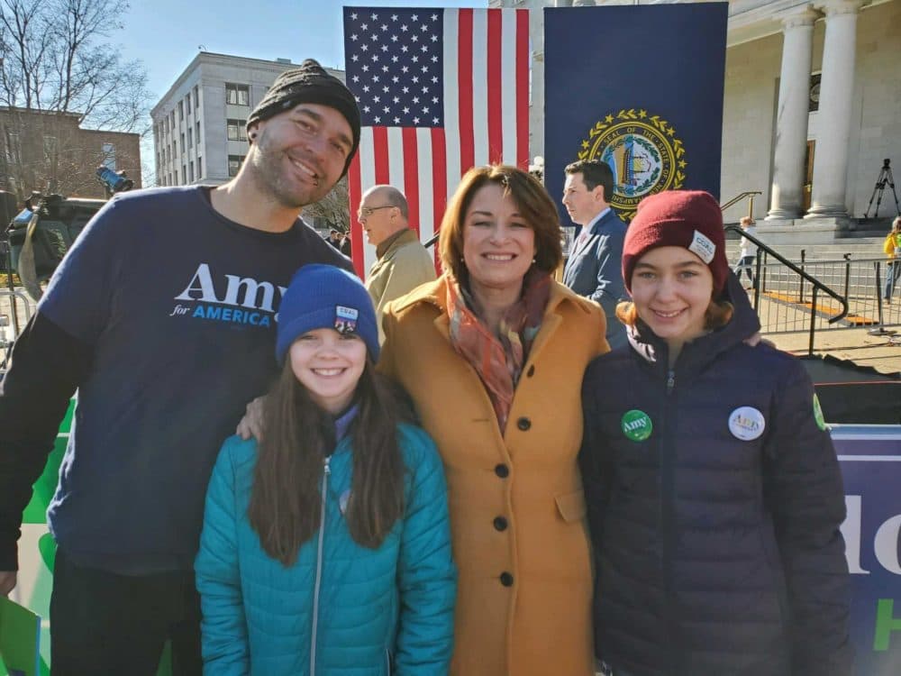 Jeremy Coylewright with his two daughters, Willa and Angel, with Amy Klobuchar on Nov. 6 in Concord, New Hampshire. (Courtesy Jeremy Coylewright)