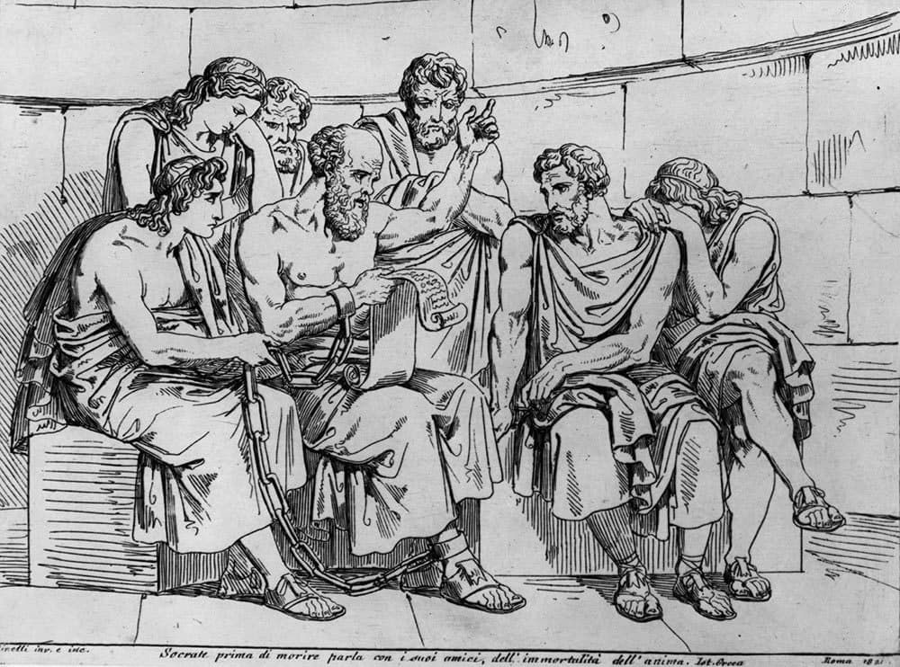 Circa 410 BC, The Greek philosopher Socrates (469 - 399 BC) teaches his doctrines to the young Athenians whilst awaiting his execution. Original Artwork: An engraving after a painting by Pinelli. (Hulton Archive/Getty Images)