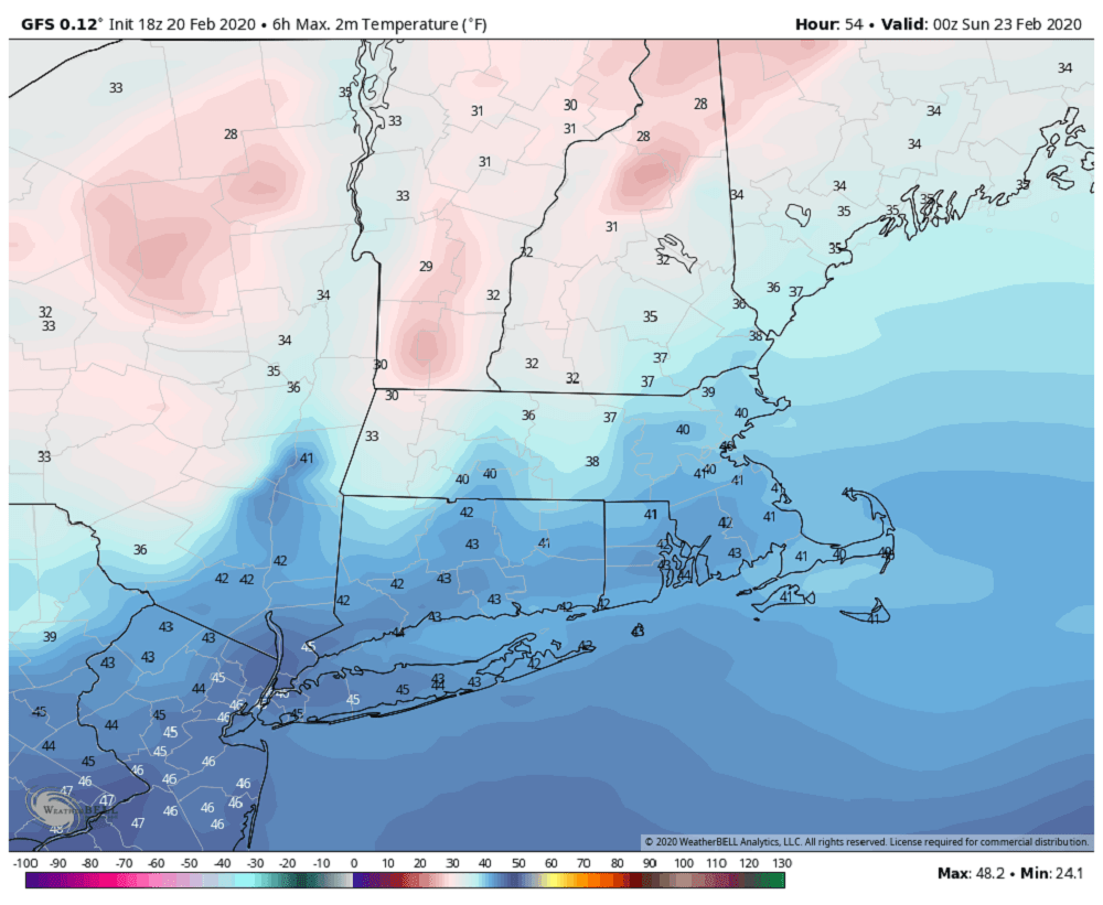 Milder temperatures are likely for Saturday with many areas in the 40s by afternoon. (Courtesy WeatherBell)