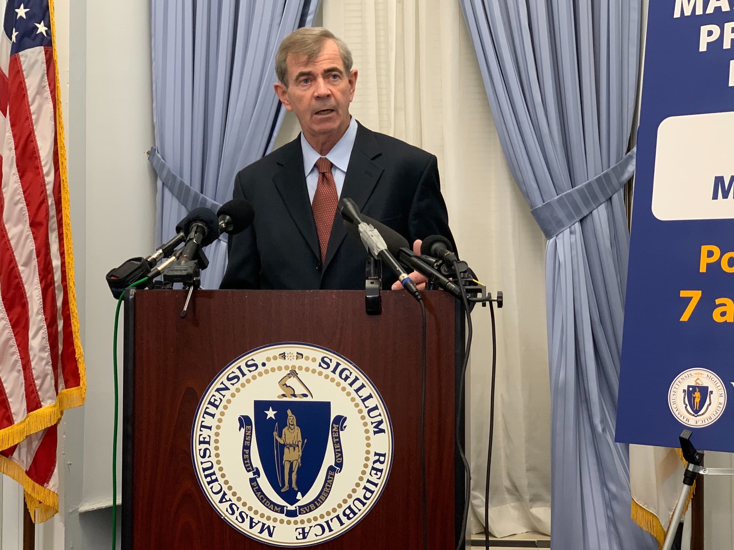 Bill Galvin at a press conference on early voting on Monday, March 2. (Steve Brown/WBUR)