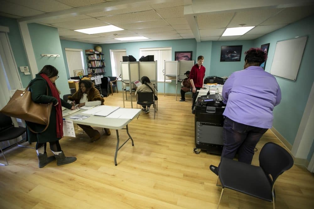 Voting proceeded normally at the Harbor Point Apartments in Dorchester where there were reported problems earlier in the day. (Jesse Costa/WBUR)