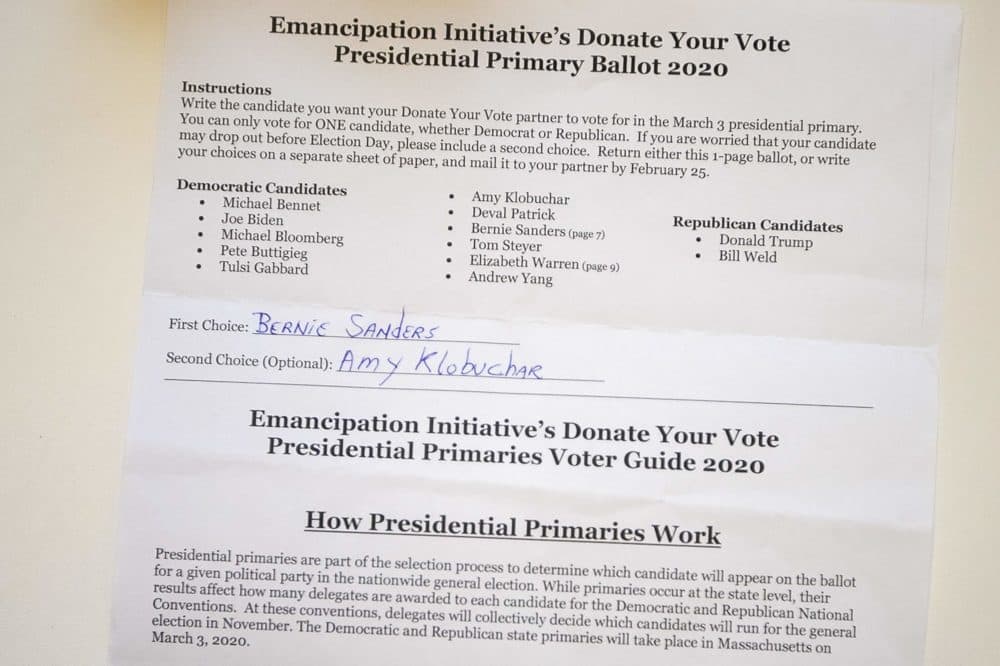 Eliza Mulcahy's incarcerated partner's ballot for Bernie Sanders with the second option for Amy Klobuchar. (Jesse Costa/WBUR)