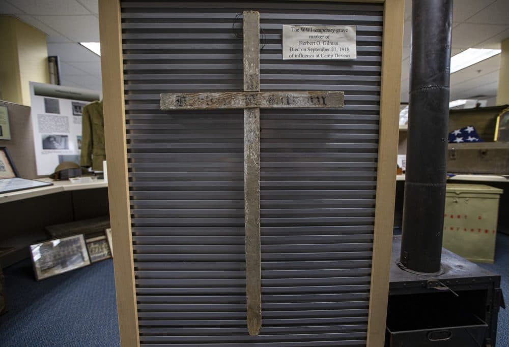 The WWI temporary grave marker of Herbert O. Gilman who died on September 27, 1918 of influenza at Camp Devens. (Jesse Costa/WBUR)