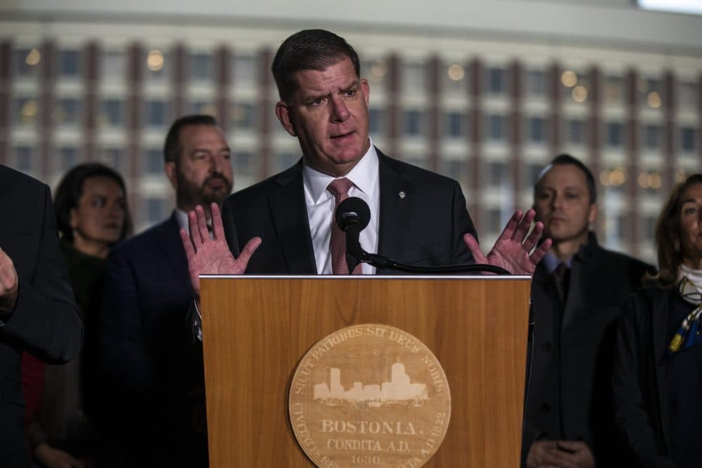 Mayor Marty Walsh announces the postponement of the Boston Marathon until September at City Hall due to concerns about the coronavirus outbreak at City Hall. (Jesse Costa/WBUR)
