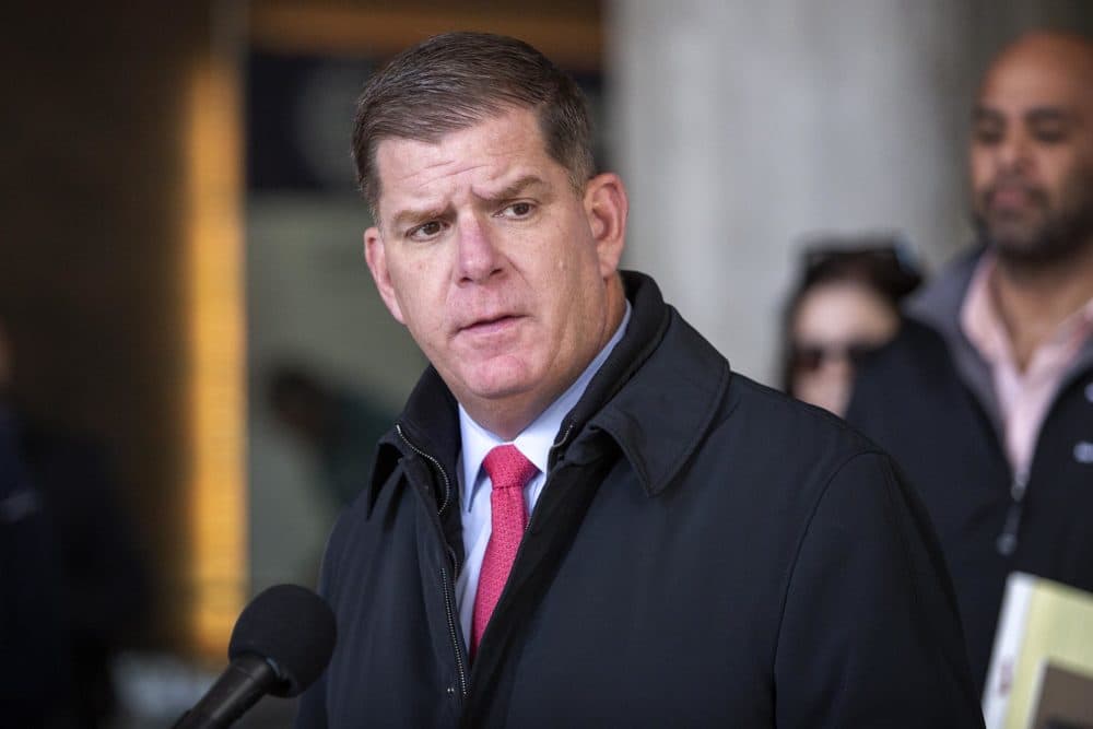 Boston Mayor Marty Walsh, pictured at a March news conference in front of City Hall, has not formally announced that he will seek another term. (Robin Lubbock/WBUR)