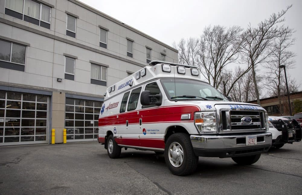 An EMS vehicle at Armstrong Ambulance’s headquarters in Arlington, Mass. (Robin Lubbock/WBUR)