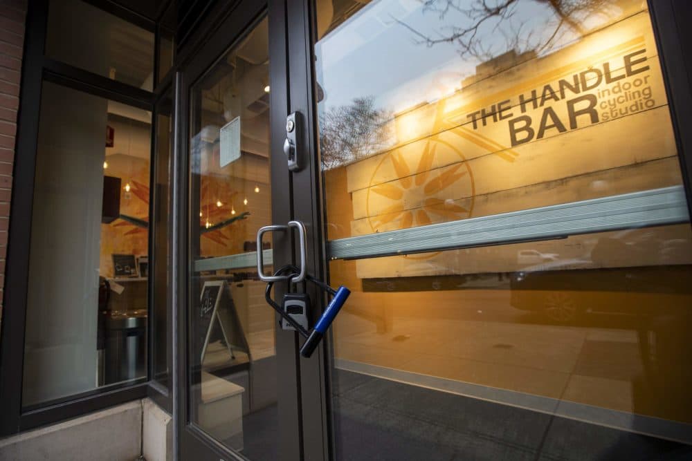 The Handle Bar indoor cycling studio on Canal Street has a U-shaped lock on its door. (Jesse Costa/WBUR)