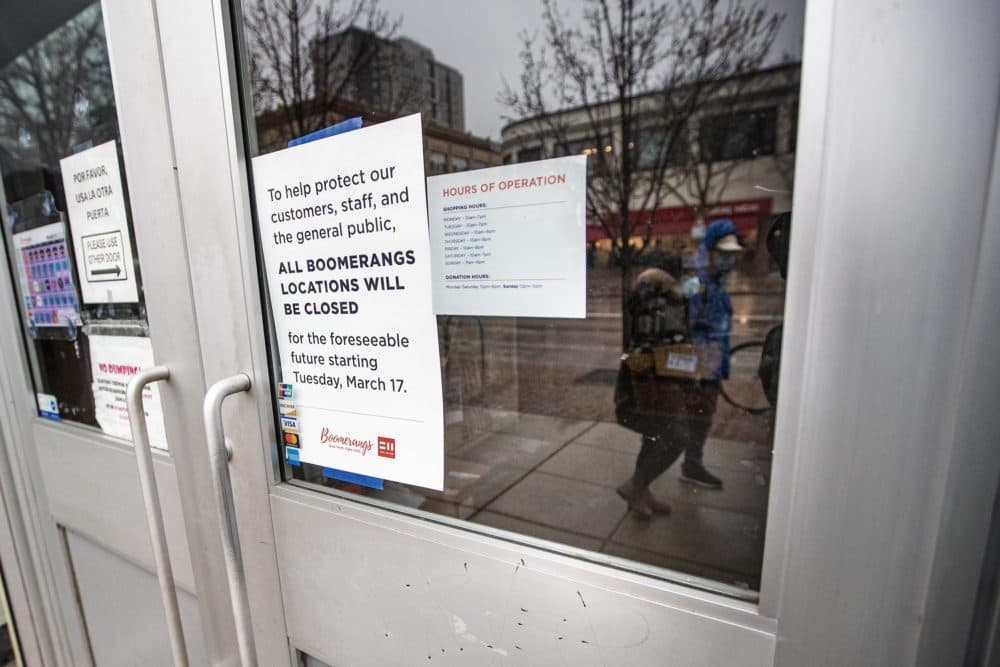 The thrift shop Boomerang, like many small stores in Central Square, closed before Governor Baker’s mandate. (Jesse Costa/WBUR)