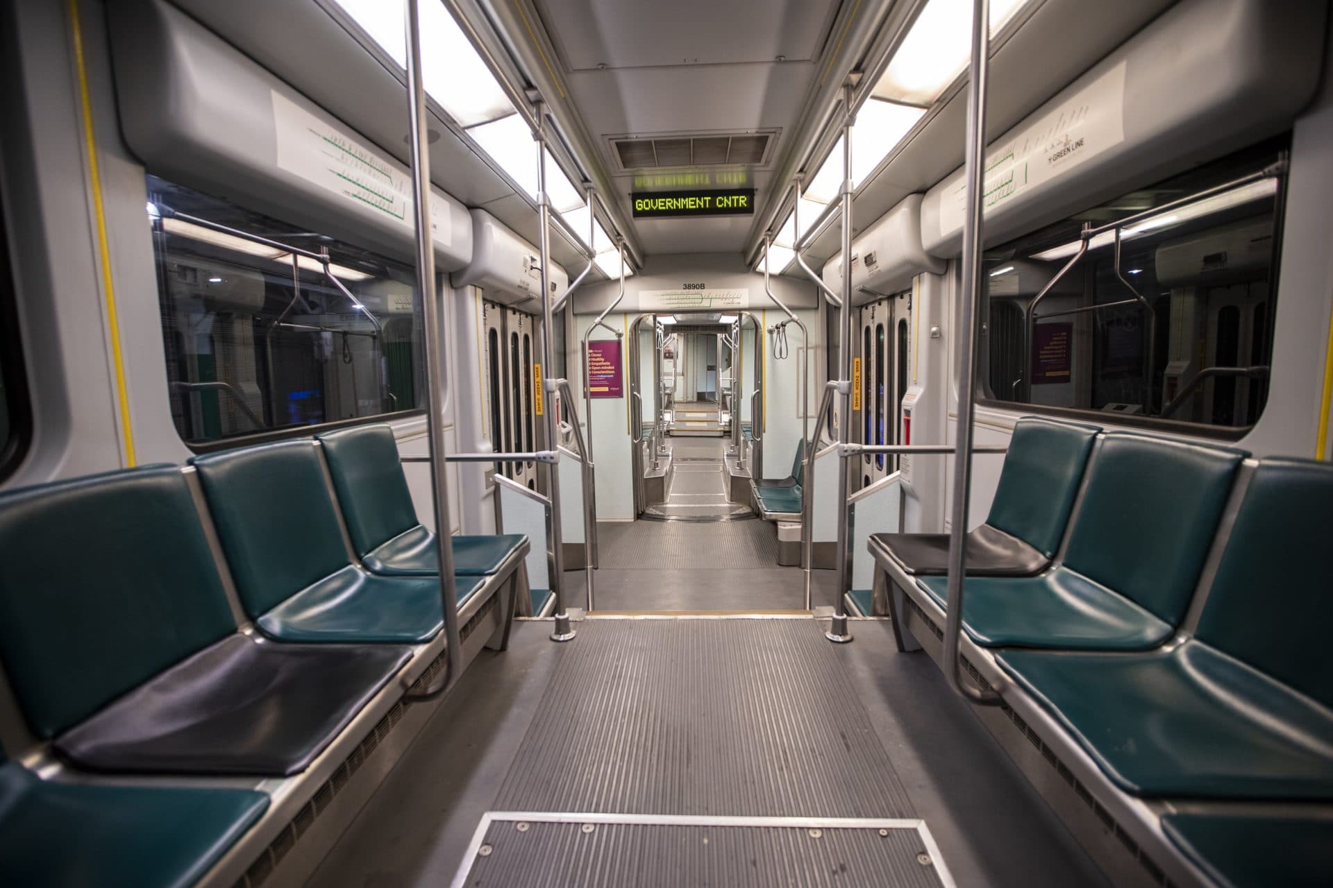 March 24: An empty MBTA Green Line train en route to Government Center. (Jesse Costa/WBUR)