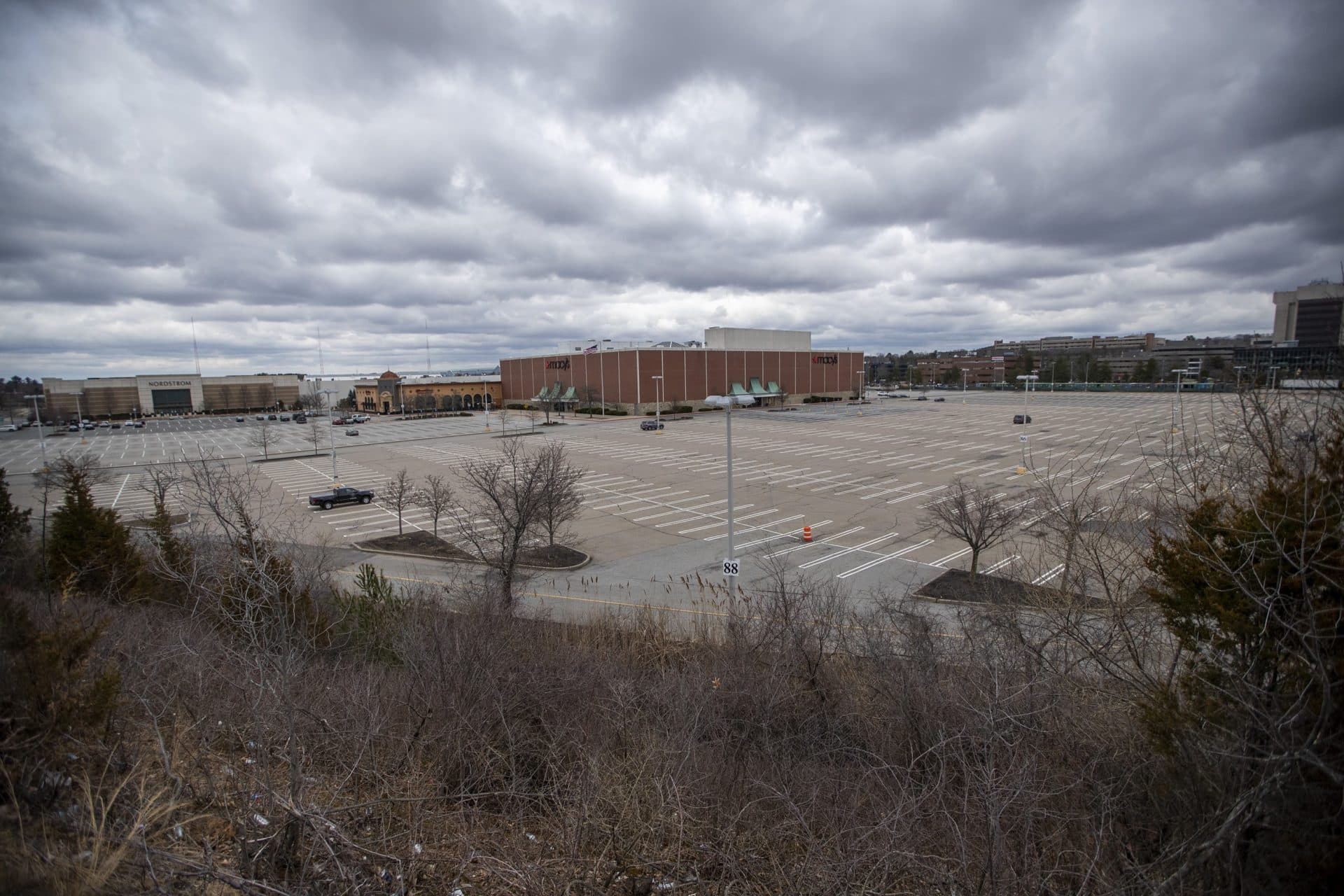 March 25: An empty Burlington Mall parking lot at midday. (Jesse Costa/WBUR)