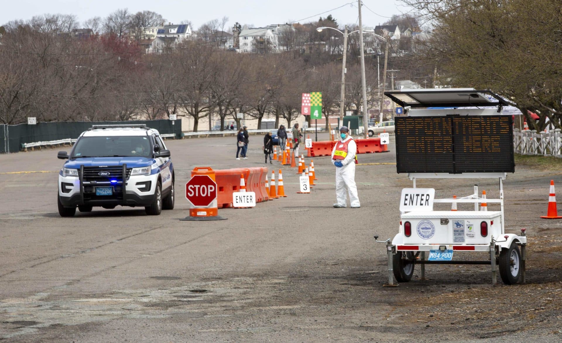 March 28: The entrance for people with appointments at the COVID-19 testing station at Suffolk Downs. (Robin Lubbock/WBUR)