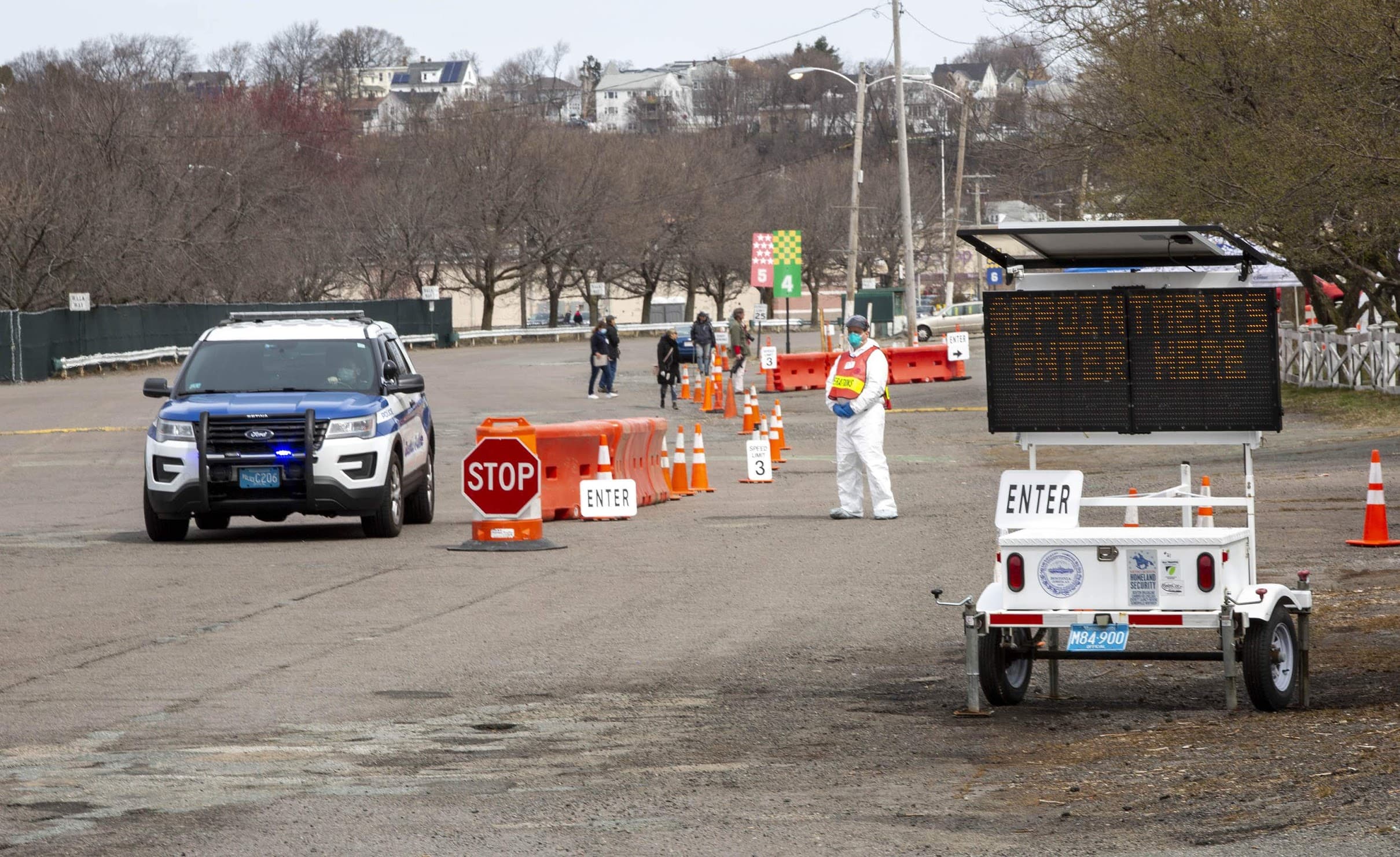 The entrance for people with appointments of the COVID-19 testing station at Suffolk Downs. (Robin Lubbock/WBUR)