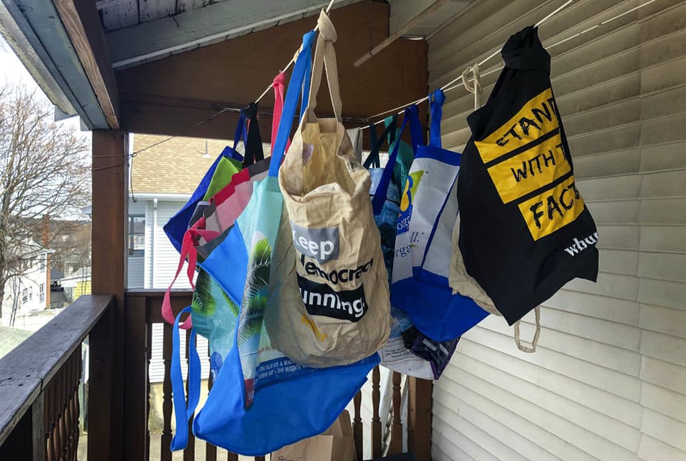Washed shopping bags hung out to dry in the fresh air. (Bruce Gellerman/WBUR)