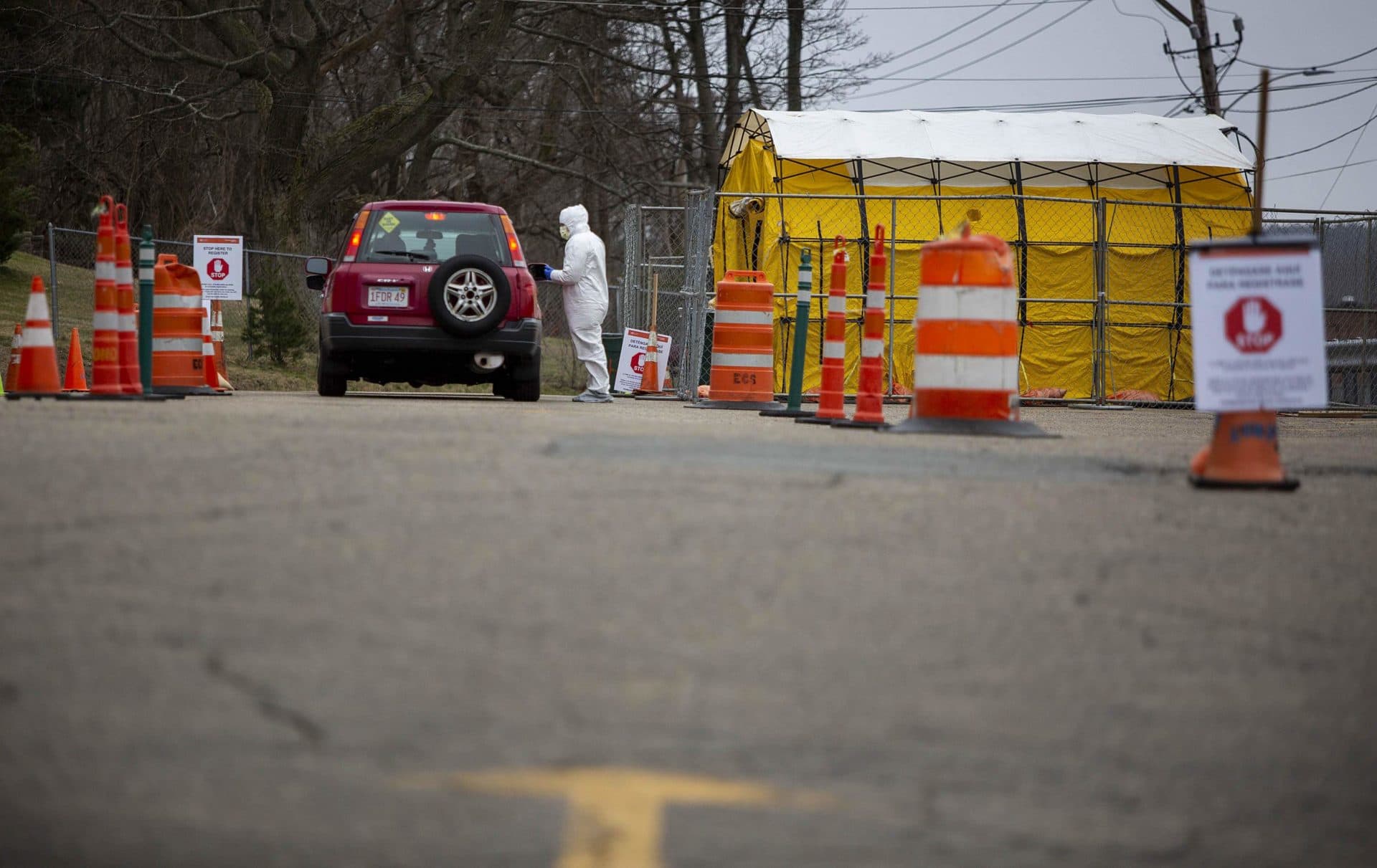 April 2: The COVID-19 drive-thru testing station at Lawrence General Hospital. (Robin Lubbock/WBUR)